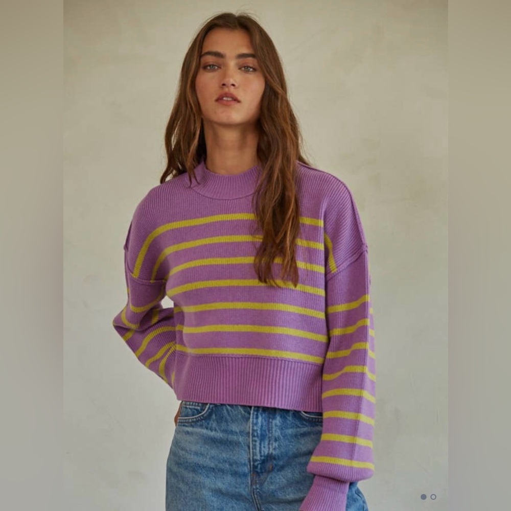 Free People Stripe Easy Street Cropped Pullover Lavender & Lime Sweater Size M 💜
